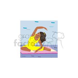 The clipart image depicts an African American individual stretching or doing a yoga pose on a pink mat. The person appears to be wearing a yellow outfit suitable for exercise, with a yellow hairband, and they are seated with one arm extended over their head while the other arm rests on the mat. A serene expression is visible on the face, implying relaxation or concentration. The background shows a simple representation of a room with a blue wall with horizontal stripes.
