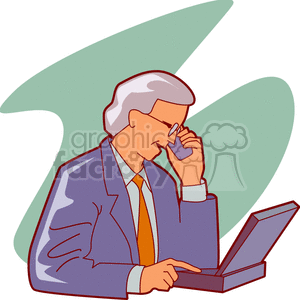 Illustration of a businessman in a suit working on a laptop while talking on a phone.