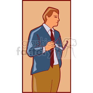 A clipart image depicting a businessman in a suit holding glasses.