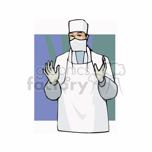 Clipart image of a medical surgeon in scrubs, wearing a mask and gloves, preparing for surgery.