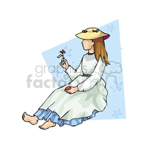 A barefooted girl in a blue and white dress wearing a hat holding a flower