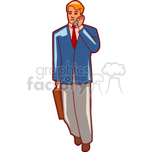 Clipart image of a business man walking and talking on the phone.