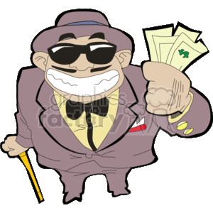 This clipart image depicts a cartoon of a stereotypical gangster or mobster character. The character is wearing a purple suit with a vest and bow tie, a fedora hat, and dark sunglasses. He has a large grin, a gold tooth, and is holding a cane and a bundle of cash in his hands. The character appears jovial and is possibly intended to evoke a sense of exaggerated mischief or criminal flair.