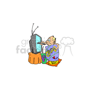 The clipart image depicts a caricatured man sitting on a couch, with a pronounced large, elongated nose, who appears to be engrossed in watching television. In front of him is an old-fashioned TV with antennas on top. In his lap, he has a large bag labeled CHIPS which is spilling its contents onto the floor, suggesting perhaps that he is mindlessly eating while focused on the TV. The man is wearing a purple robe or shirt with the word CHIPS written on it as well, reinforcing the couch potato stereotype.