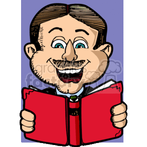   In this clipart image, we see a man with a mustache holding and reading a red book. He is smiling, has blue eyes, and is wearing a red vest over a white shirt with a black tie. There