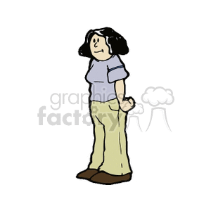 Clipart image of a person with black hair standing, wearing a light blue shirt and beige pants.