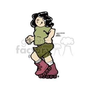 This is a clipart image featuring a woman who is rollerblading. She is wearing a casual outfit that consists of a sleeveless top and shorts, both in shades of green, and she has on a pair of pink rollerblades. The background is plain, and there are motion lines behind one of the rollerblades to indicate movement.