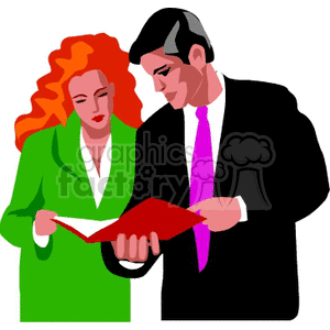 Clipart image of two business professionals, a woman with red hair and a man with dark hair, reviewing a document together.