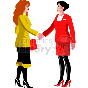 A clipart image featuring two businesswomen shaking hands. One woman is dressed in a red business suit and the other in a yellow outfit. This image represents business agreement, partnership, or networking.