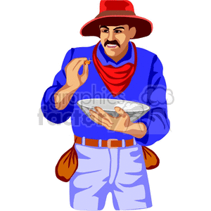 Clipart image of a miner wearing a red hat and blue shirt, examining a gold nugget in one hand while holding a gold pan in the other.