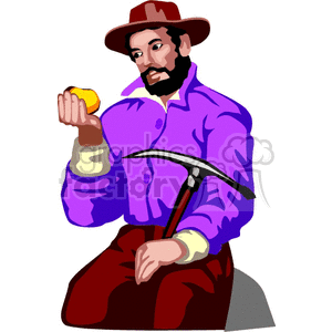 Clipart image of a miner wearing a purple shirt and brown hat, holding a gold nugget in one hand and a pickaxe in the other.