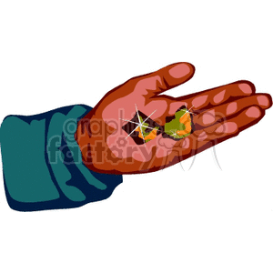 Clipart image of a human hand holding two shiny gold nuggets.