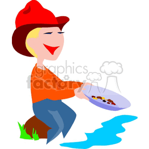 A cartoon character wearing a red hat and orange shirt is panning for gold by a stream.