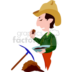 Clipart of a gold miner examining a piece of ore with a pickaxe and pile of dirt nearby.