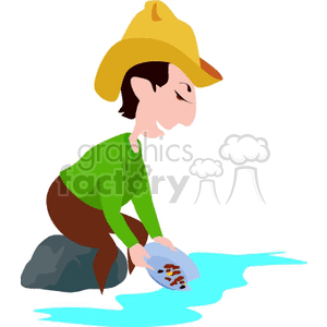 Clipart of a person dressed as a gold miner, panning for gold in a river.