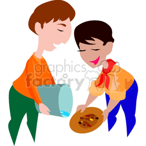 Illustration of two people engaged in gold mining activities. One person is pouring water while the other is inspecting a pan for gold.