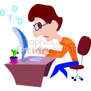 A cartoon illustration of a programmer working at a desk with a computer, surrounded by binary code. The character appears focused on the screen.