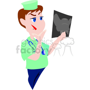 A cartoon doctor examining an X-ray image, wearing a stethoscope and a green uniform.