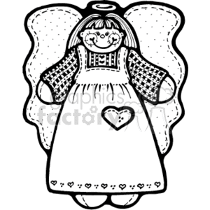 The image is a black and white clipart of a country-style ragdoll designed to resemble a female angel. The doll features a simplistic face, a dress with a heart on it, patchwork details, and wings adorned with tiny hearts. The doll has a quaint, homemade aesthetic typical of ragdolls.