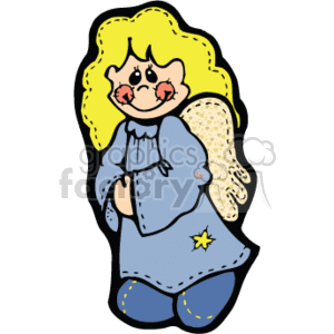 The clipart image shows a stylized version of a young, female angel. The angel is depicted with a happy smile, wearing a country-style blue dress with star decorations, and has blond hair. The angel also has a pair of wings, visible from behind, which have a pattern that could suggest feathers. This imagery evokes themes of happiness, innocence, and heavenly or religious peace.