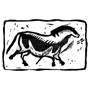 The clipart image depicts a stylized representation of a horse that resembles ancient cave paintings or petroglyphs, such as those created by the Anasazi people. The artwork is simple and monochromatic, featuring the outline of a horse with minimal internal detailing, and it is framed within a border that gives the impression of stone or a cave wall surface. There are also a few abstract shapes around the horse that could be interpreted as symbols or part of the environment in which the horse is depicted.