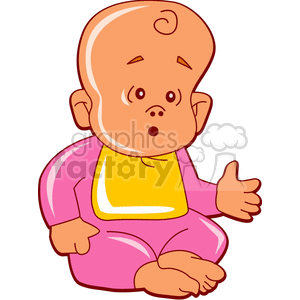 A cute cartoon baby wearing a pink onesie and a yellow bib, sitting down with an expressive face.