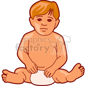A baby sitting on the floor in just a diaper