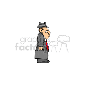 The image is a clipart of a man who appears to be a businessman or a lawyer. He's wearing a dark suit with a vertical-striped tie, has a briefcase in his right hand, and is donning a hat tilted forward on his head. His facial expression suggests he is not happy or is in a serious mood.