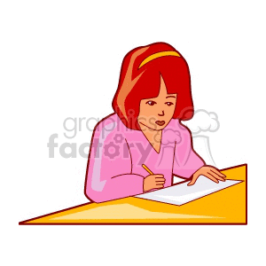 Clipart of a woman in a pink shirt writing at a table.