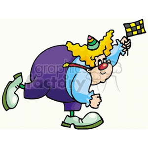A Hunched Over Clown with Big Green Shoes Yellow Hair Waiving a Small Checkered Flag