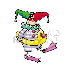 A Clown with a Jester Hair Style Wearing a Floatie and Flippers