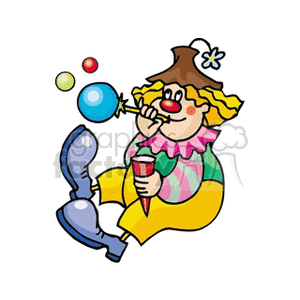 A Clown Dressed in Yellow Sitting and Blowing Bubbles