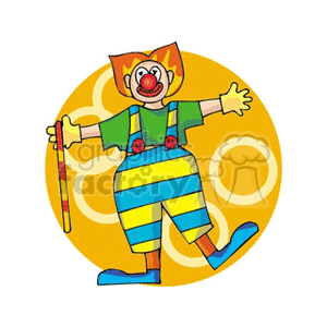 A Funny Clown in Blue and Yellow Striped Pair of Pants Big Blue Shoes and holding a Cane