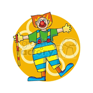 A cheerful circus clown with big shoes, a red nose, and striped overalls holding a cane.