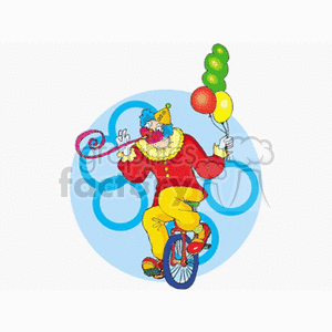 A Funny Clown Riding a Unicycle Holding a Bunch of Balloons