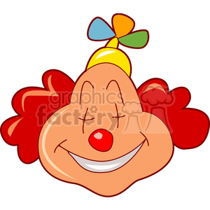 A cartoon circus clown face with red hair, a big smile, and a colorful spinning pinwheel hat.