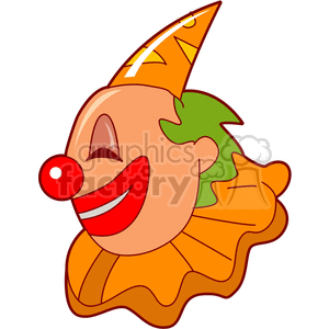 Cartoon of a circus clown with a red nose, green hair, cone hat, and orange ruffled collar.