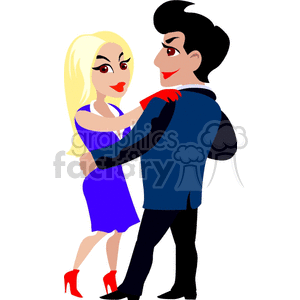 Cartoon couple dancing with joy, depicting fun and romance. The woman is in a purple dress and red heels, while the man wears a blue tuxedo.