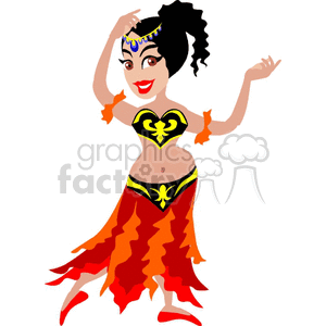 Cartoon illustration of a happy dancer in a colorful belly dancing costume, smiling and performing.