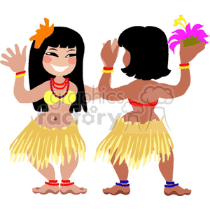 Clipart of two women dancing in traditional Hawaiian luau attire with grass skirts and flower accessories, embodying a fun and festive atmosphere.