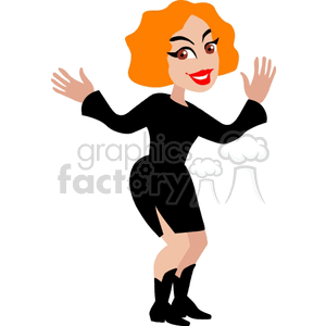 A cartoon woman with orange hair wearing a black dress, dancing humorously.