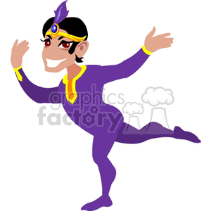 Illustration of a smiling man in a purple costume performing a dance.