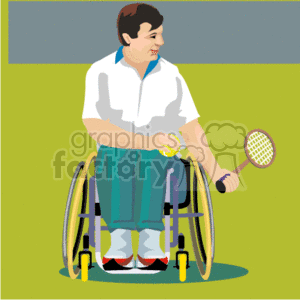 The clipart image shows a person in a wheelchair holding a tennis racket and a tennis ball, indicating that they are either preparing to play or are taking a break from playing wheelchair tennis. The person is dressed in sportswear suitable for playing tennis. The image promotes the participation of individuals with disabilities in sports activities.
