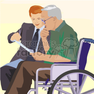 A Young Man Showing an Older Gentleman in a Wheelchair Some Paperwork