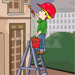 A Young Boy Standing on a Latter Wearing a Red Hardhat Painting