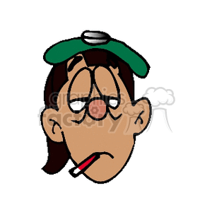 Clipart image of a sick person with a green cap, looking ill with a thermometer in their mouth.