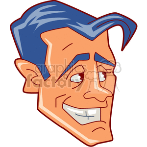 A cartoon illustration of a man's face with blue hair, grinning and showing teeth.