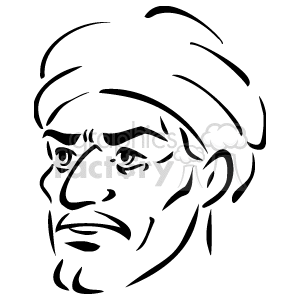 The clipart image depicts the line art of a male face. It features defining lines for the eyes, eyebrows, nose, mouth, ears, and hair, including a head covering such as a turban. The facial expression looks neutral or slightly serious.