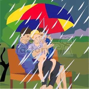 Colorful clipart image of a happy family sitting on a bench under a multicolored umbrella in the rain.