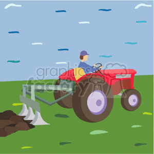 A farmer operating a red tractor in a field with a plow attached, under a blue sky.